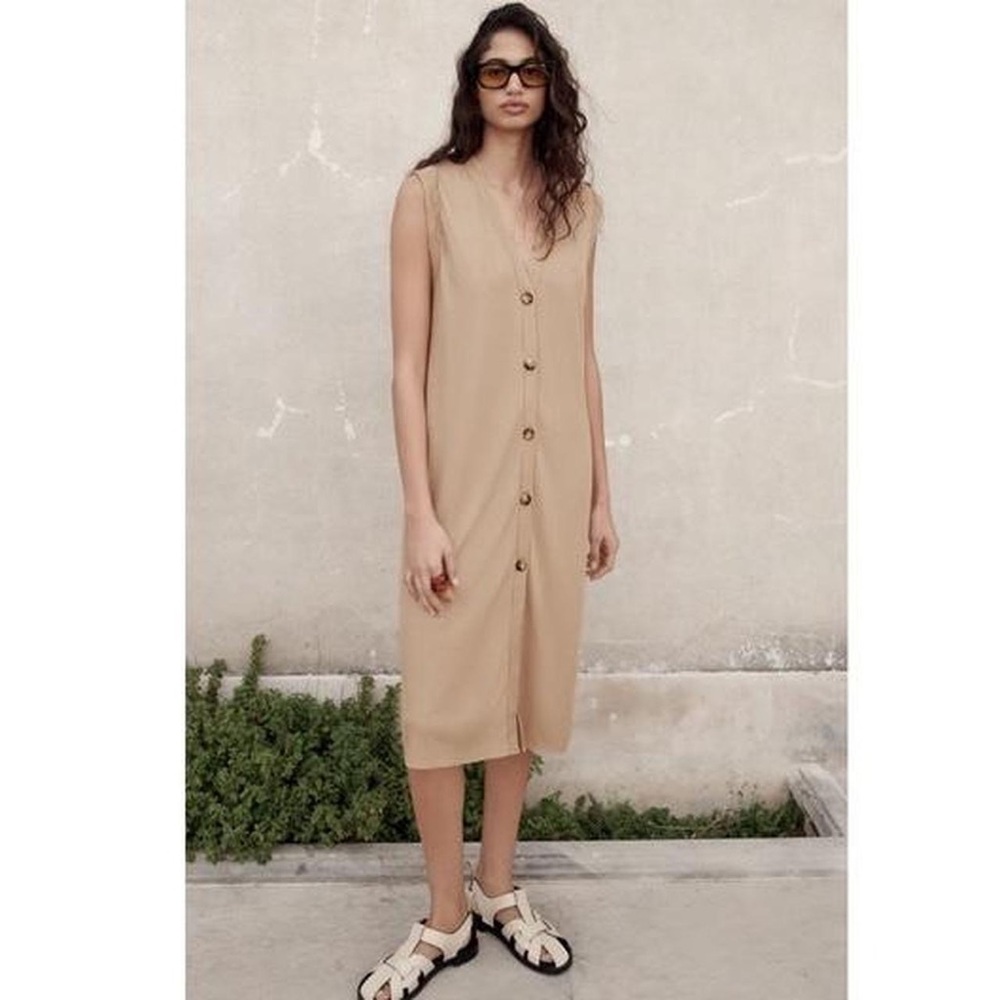 Zara Buttoned Vest Ribbed Midi Dress Taupe Brown
